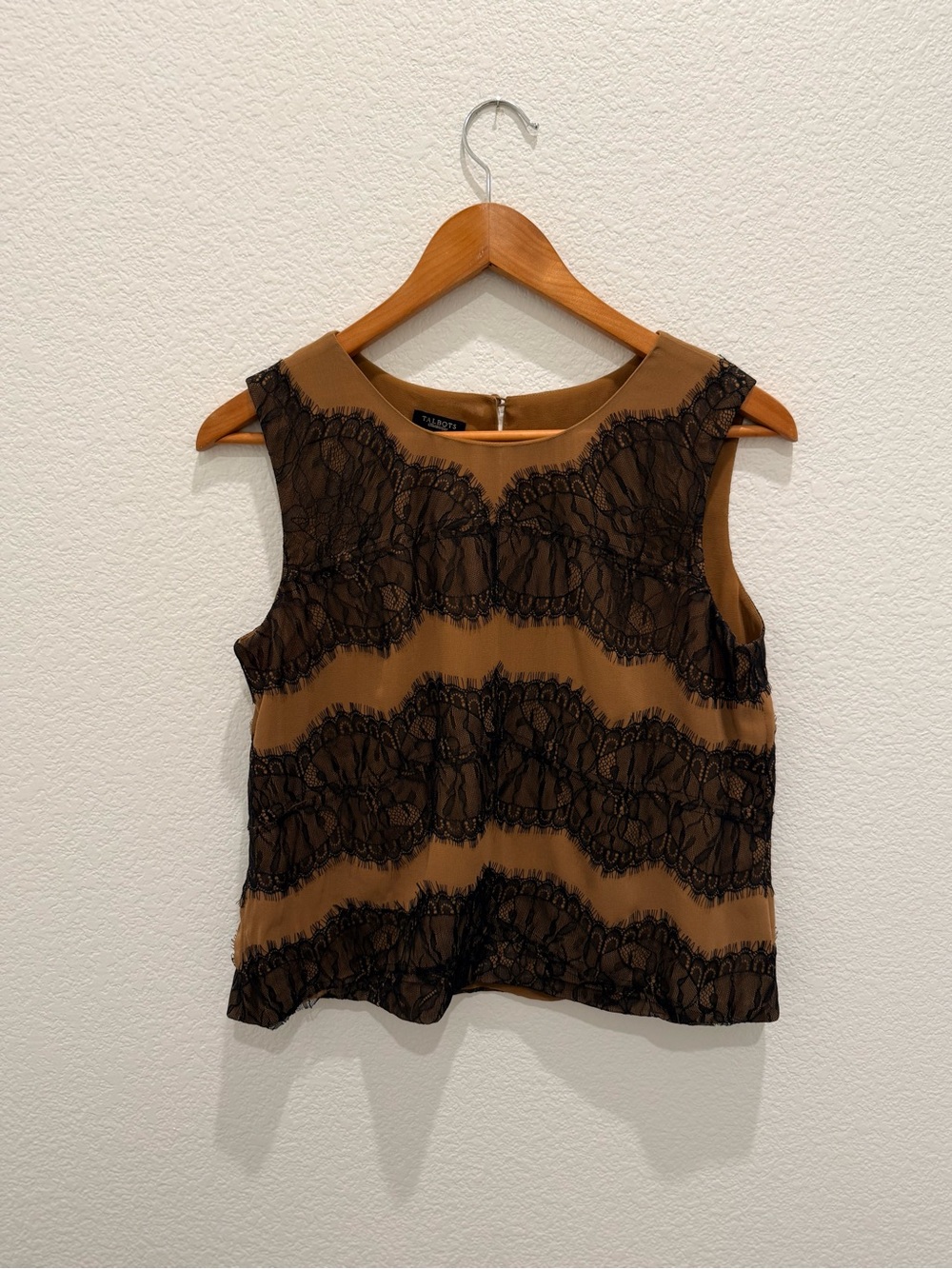 Talbots Camel Tank with Black Lace Overlay